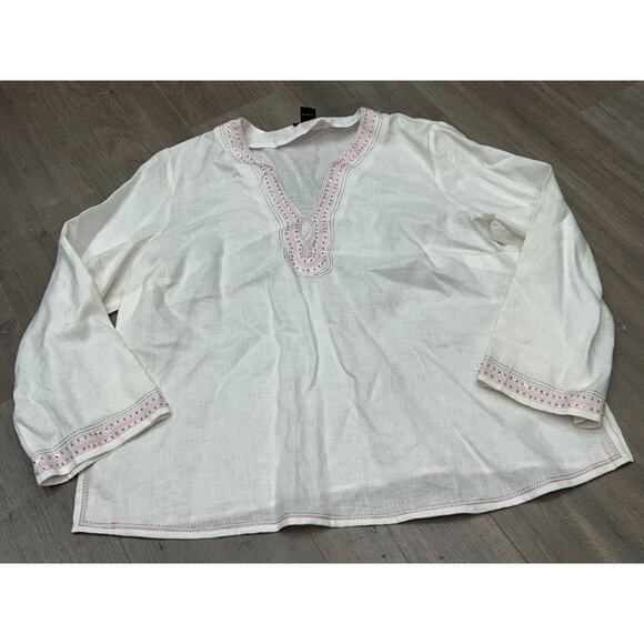 Grace Elements Womens White Linen Embroidered Trim Boho Blouse Top Plus Size 3X - Picture 1 of 8